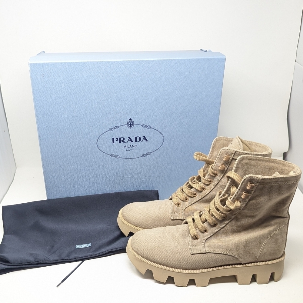 Prada Rocksand Light Beige Washed Denim Canvas Combat Lug Boots Size EU 38.5 - Picture 15 of 16